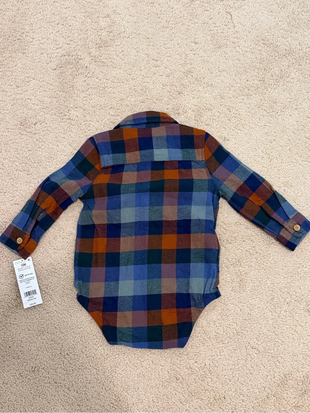 NWT - 12M - OshKosh B'gosh brown and blue plaid bodysuit